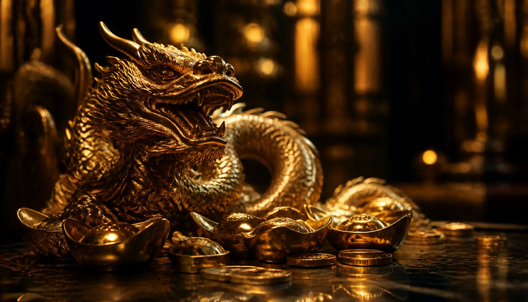 Cinematic close-up of iridescent dragon scale texture surrounding gleaming ancient gold coins in dramatic jewel-toned light